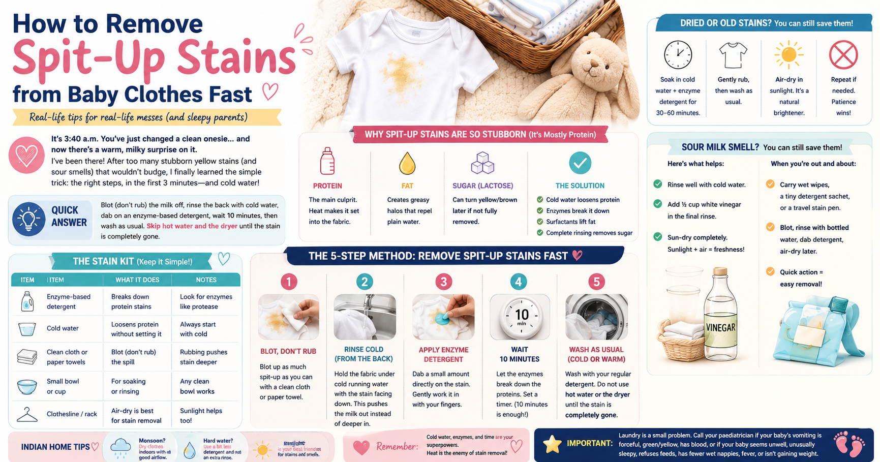 Mother blotting a spit up stain on a white baby onesie with a damp muslin cloth