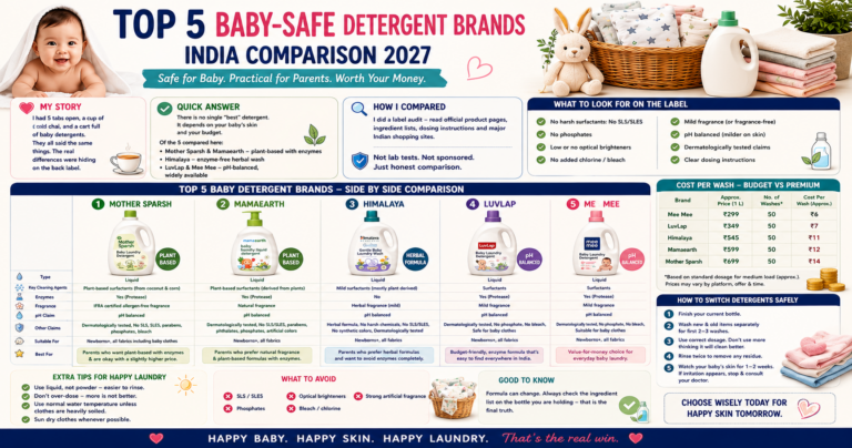 Featured image alt text Five baby laundry detergent bottles lined up on a shelf with a folded white onesie